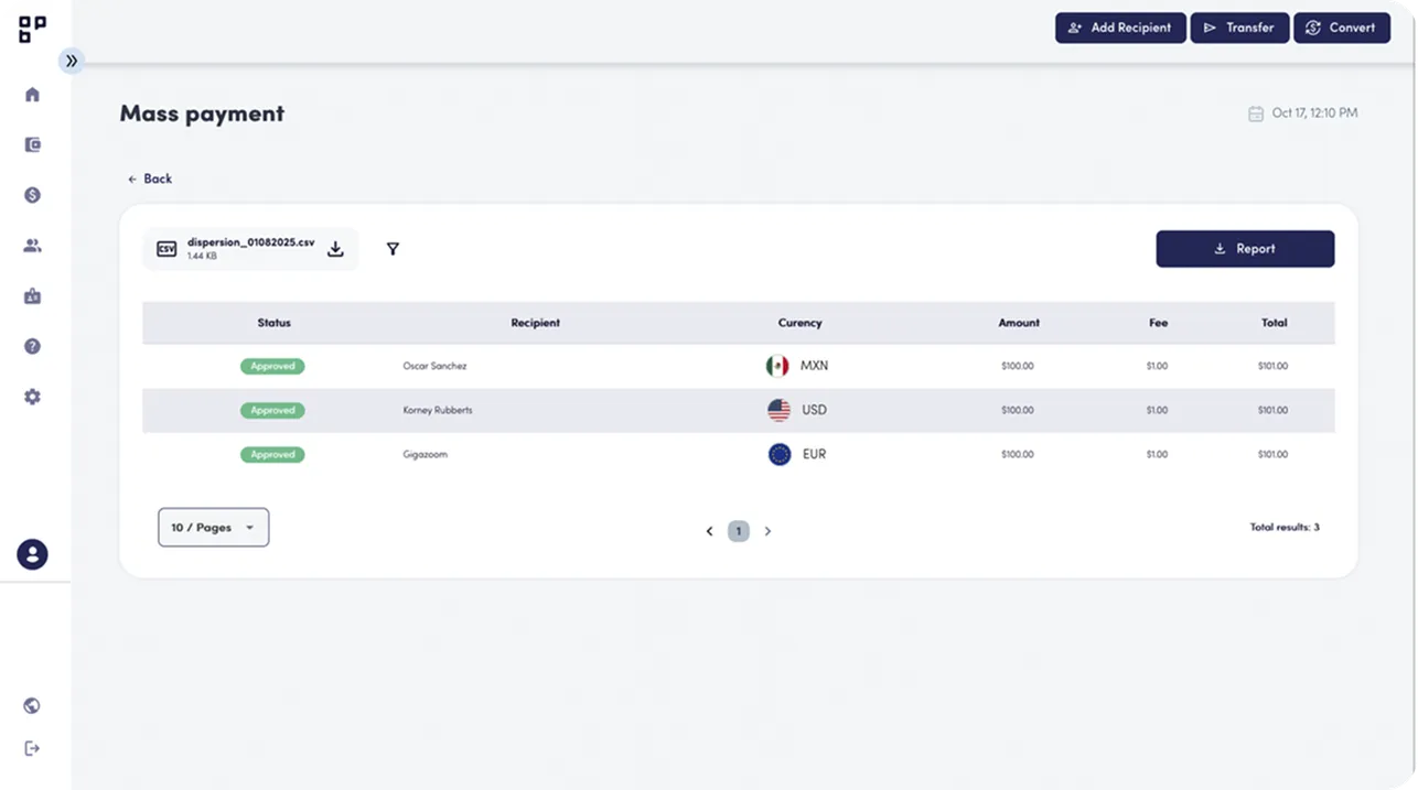 Mass payments dashboard screenshot